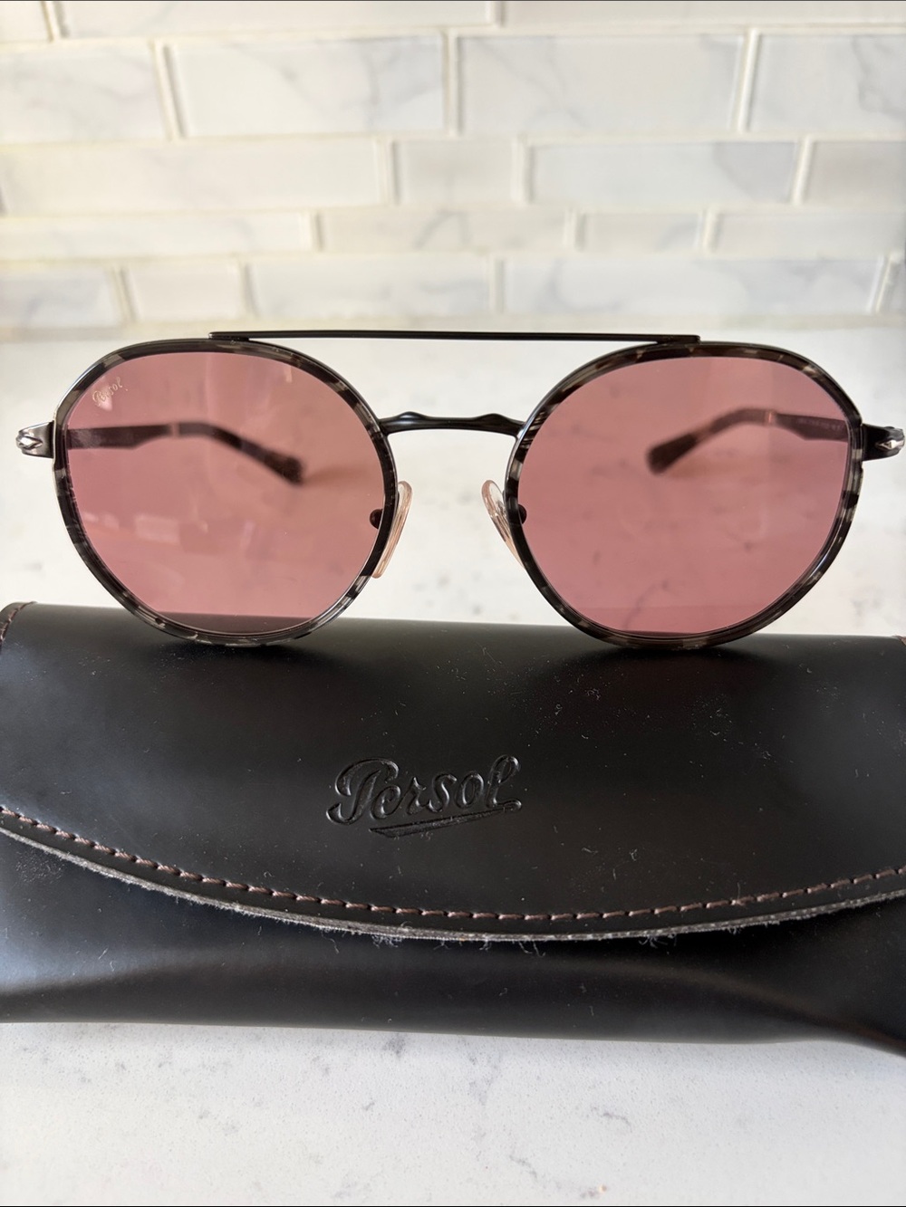 Persol Round Sunglasses with Pink Lenses and Tortoiseshell Trim
